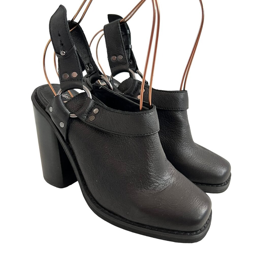 Ecote harness boots 8 ankle booties mules black leather block heel slingback